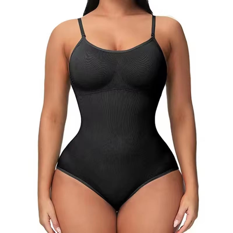 V-Neck Spaghetti Strap Compression Bodysuit with Open Crotch Shapewear for Slimming and Smoothing Effect