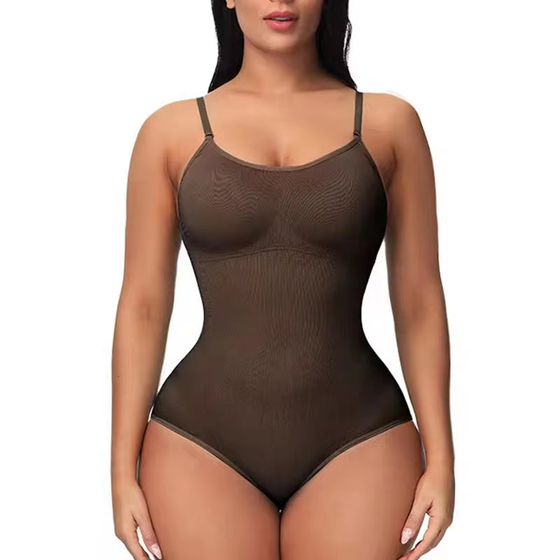 V-Neck Spaghetti Strap Compression Bodysuit with Open Crotch Shapewear for Slimming and Smoothing Effect