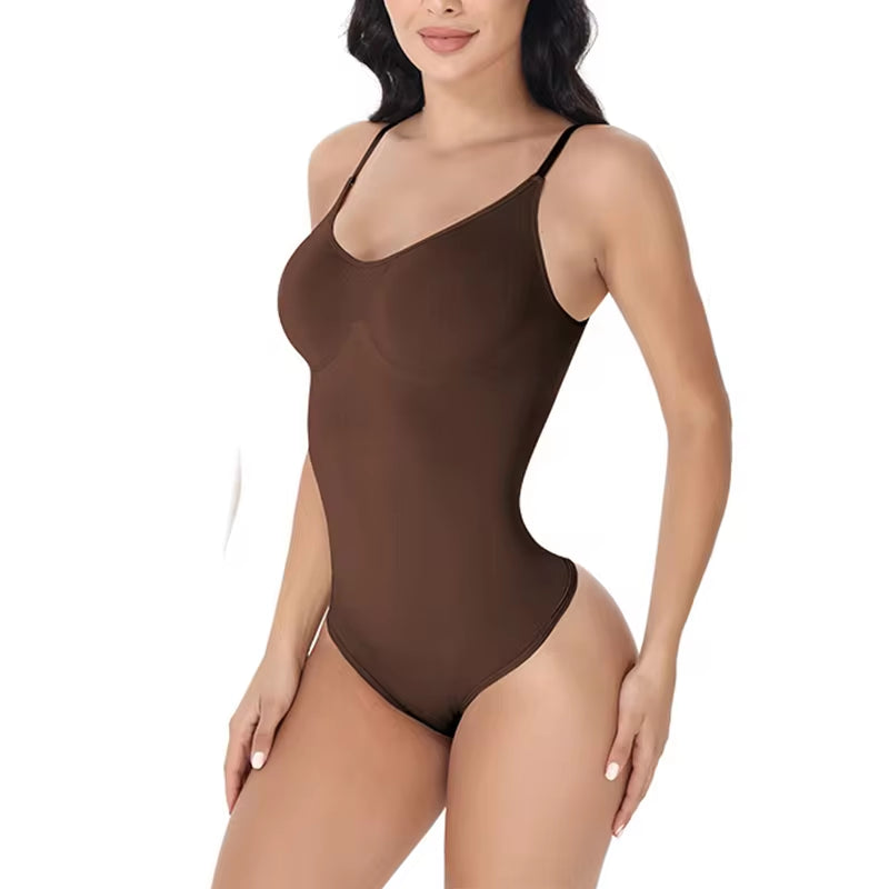 V-Neck Spaghetti Strap Compression Bodysuit with Open Crotch Shapewear for Slimming and Smoothing Effect