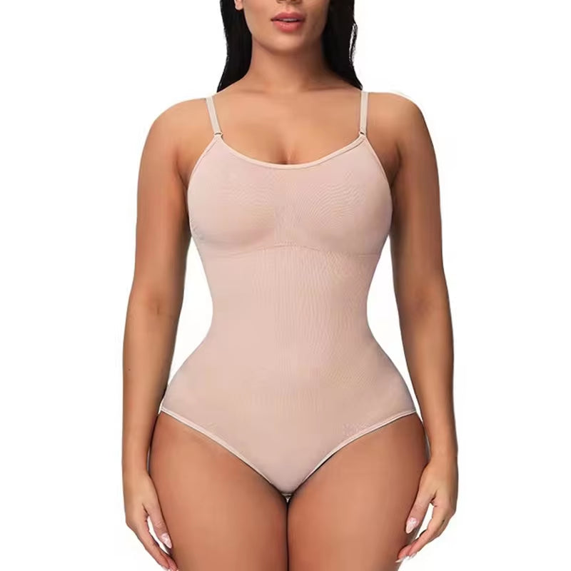 V-Neck Spaghetti Strap Compression Bodysuit with Open Crotch Shapewear for Slimming and Smoothing Effect