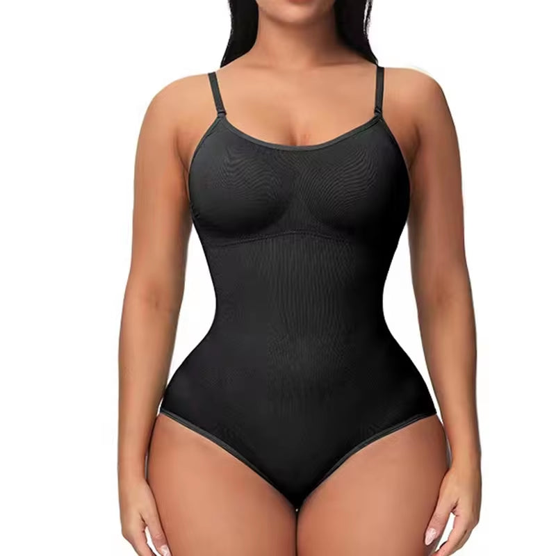 V-Neck Spaghetti Strap Compression Bodysuit with Open Crotch Shapewear for Slimming and Smoothing Effect