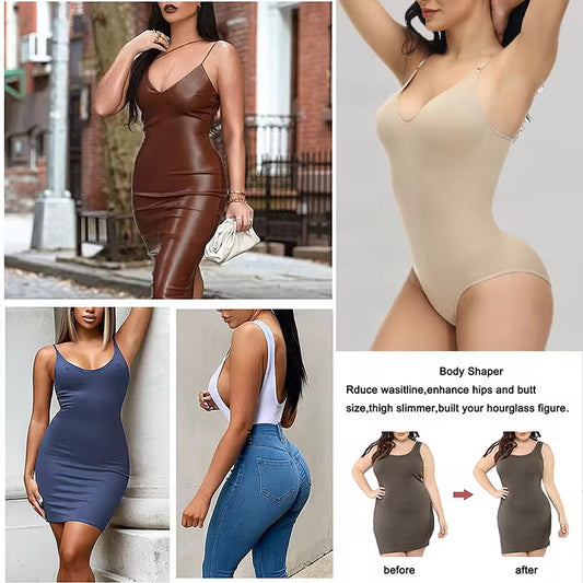 V-Neck Spaghetti Strap Compression Bodysuit with Open Crotch Shapewear for Slimming and Smoothing Effect