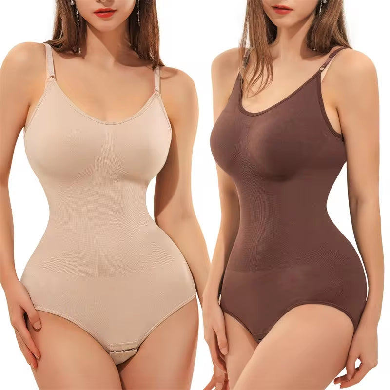 V-Neck Spaghetti Strap Compression Bodysuit with Open Crotch Shapewear for Slimming and Smoothing Effect